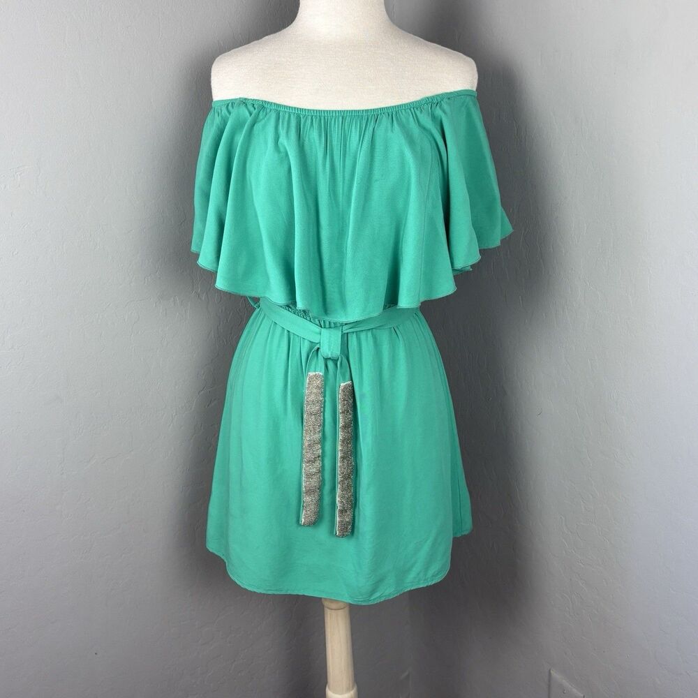 Gianni Bini Dress Womens M Green Off the Shoulder Ruffle Boho Fairy Mermaidcore